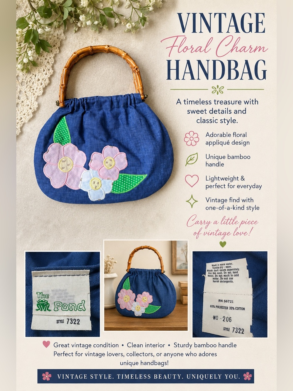Handcrafted Blue Floral Appliqué Bamboo-Handle Tote